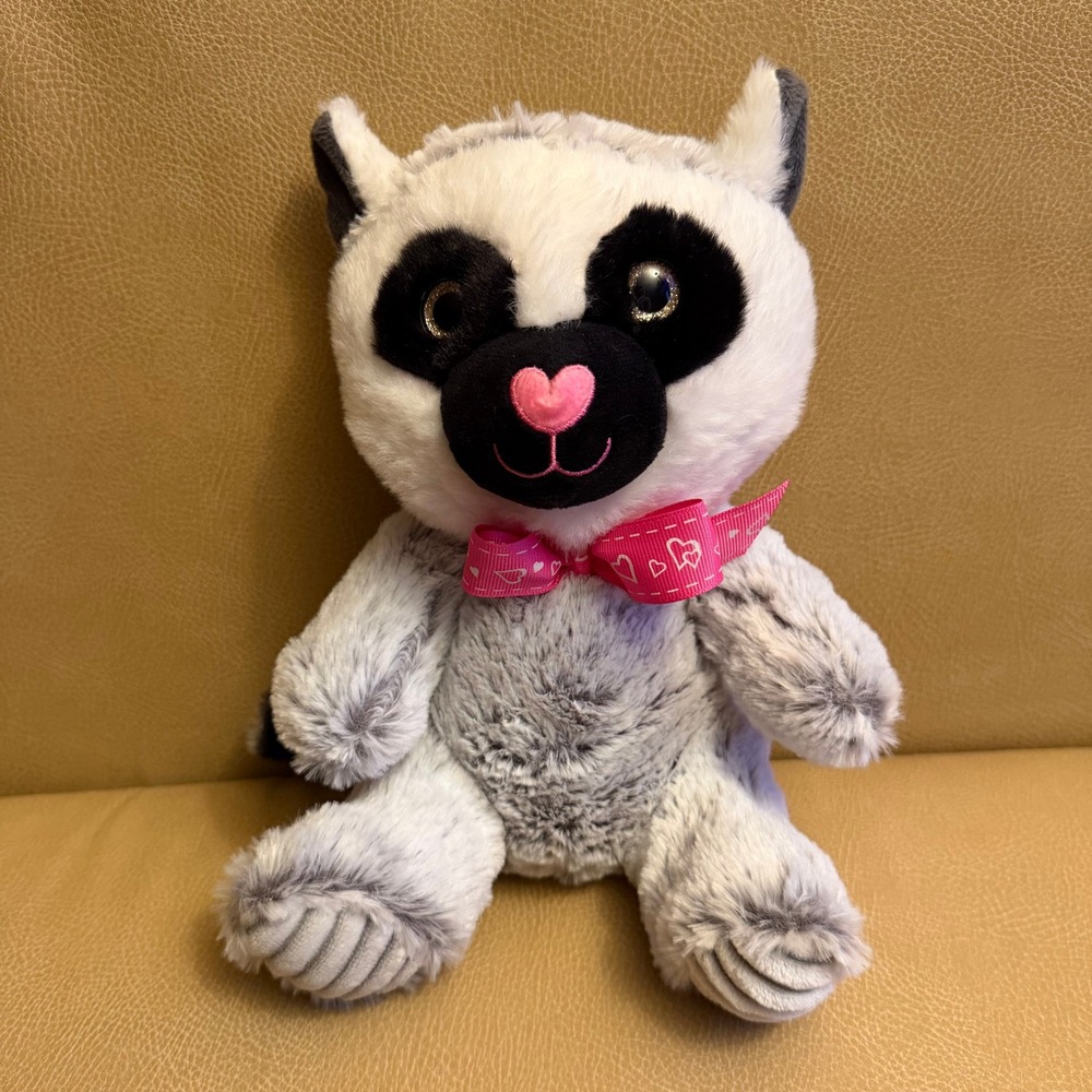 Homerbest Plush Lemur Grey White Striped Tail‎ Pink Heart Bow Glitter Eyes 9"